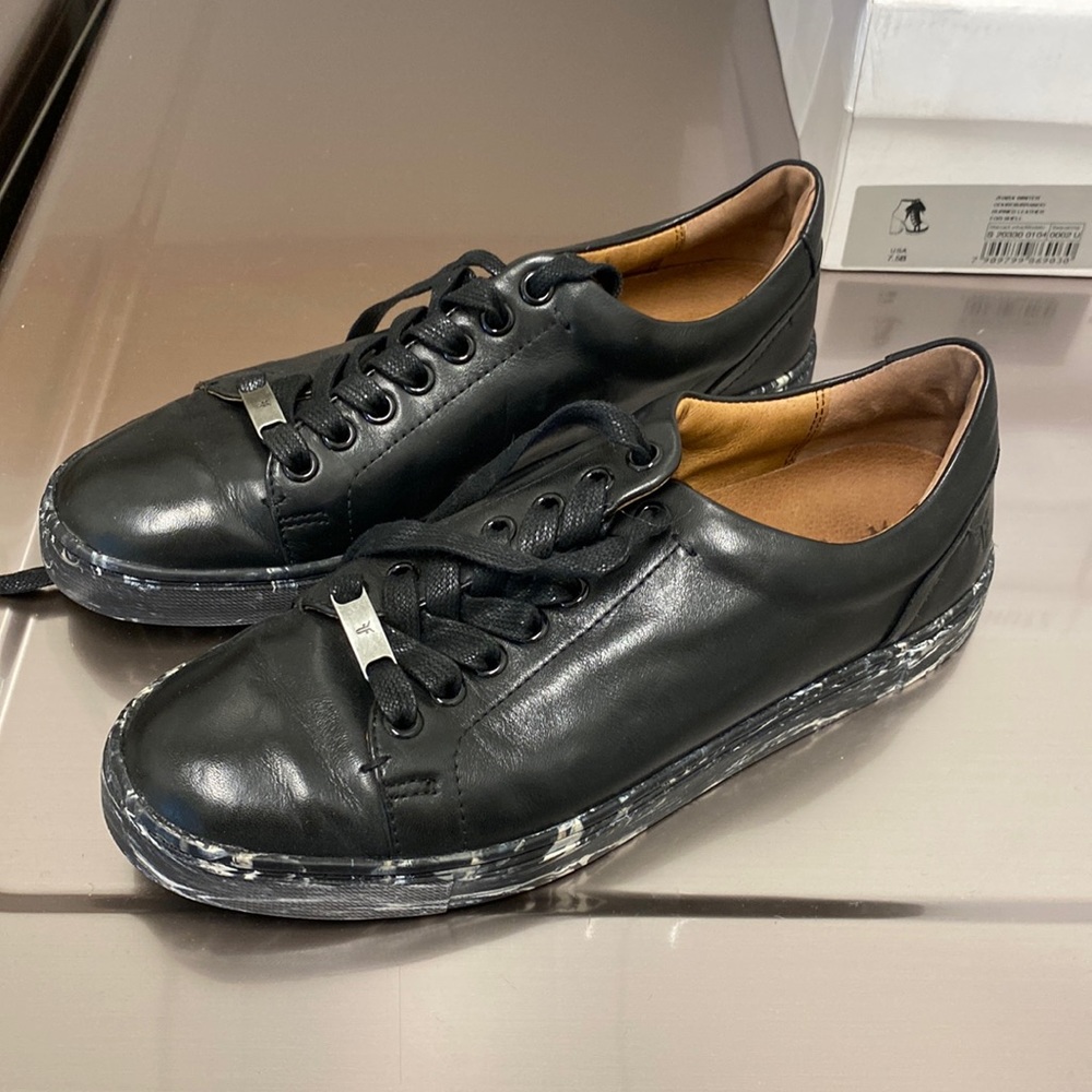 Frye black with marble, leather sneakers, size 7.5
